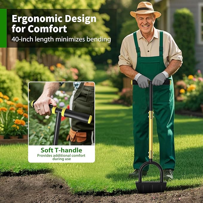 Lawn Edger Tool, Half Moon Tooth Edger with T-Grip Handle, 40-Inch Long Handled Sidewalk Grass Edger for Precise Lawn Edging and Land scaping