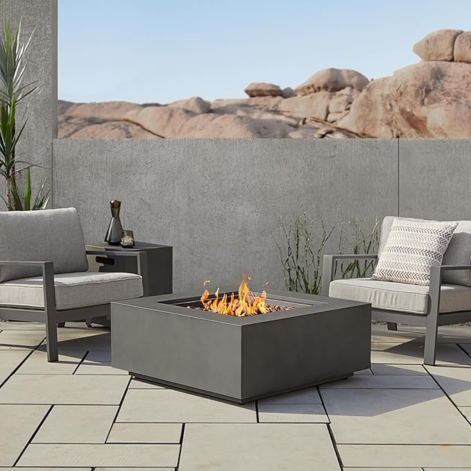 Real Flame Aegean 36”in Square Propane or Natural Gas Fire Pit Table, 50,000 BTU, Powder-Coated Steel, Push-Button Ignition, CSA Certified, Lava Rock, Storage Cover, Stainless Steel Burner with Lid
