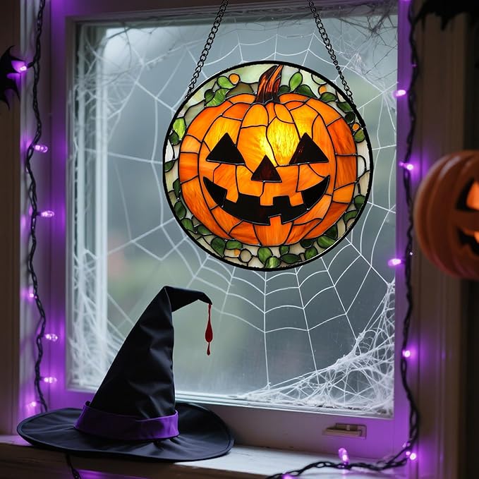 Stained Glass Window Hanging, Halloween Decorations Evil Pumpkin Suncatcher for Doors Garden Indoor Spooky Funny Orange Sun Catchers Gothic Decor Horror Gifts for Women Men Friend 6.3 in