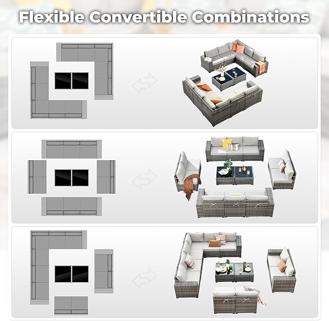 ovios 12 Pieces Patio Furniture Set, Outdoor Wicker Sectional Sofa with Glass Table Comfy Cushions, Modern Modular Deep Seat Couch Rattan Conversation Set, Beige