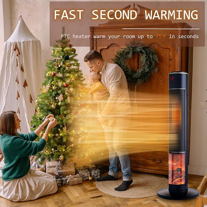 Portable Electric Space Heater for Large Room 37" Ceramic Tower Space Heater with 3D Flame for Room Heating,Oscillating,Remote Control,Tipover &overheating protection for Indoor Use(Black-I)