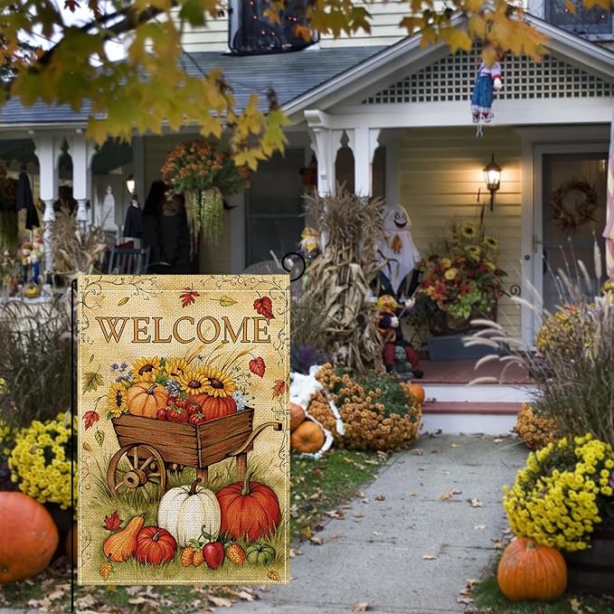 Fall Garden Flag 12 x 18 Inch Double Sided Welcome Pumpkin Sunflower Maple Leaves Farm Designs Autumn Burlap Yard Flag for Outside Rustic Yard Outdoor Holiday Home Decoration