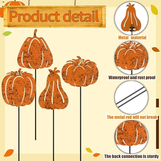 Chunful 4 Pcs Fall Vintage Decorative Garden Stakes Pumpkin Garden Stakes for Flower Planter Pot Outdoor Rustic Metal Yard Sign Thanksgiving Pumpkins Decorations Autumn Harvest Halloween Patio Lawn