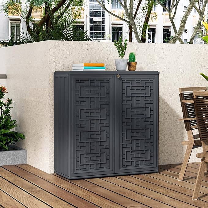 Storage Box Outdoor Caninet,Resin Indoor Storage Box Waterproof Outdoor Storage Cabinets for Patio/Garden/Backyard, Size 34.3''L*15''W*36.2''H(Grey)