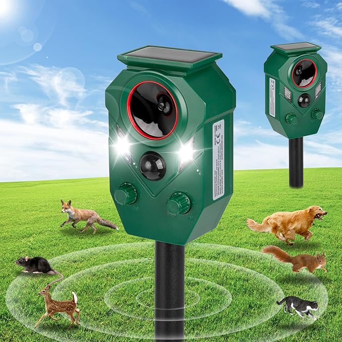 2 Pack Solar Ultrasonic Animal Repeller Outdoor – Motion Sensor Activated Deer Repellent with Flashing Lights & Sound, IP65 Waterproof, Deterrent for Cats, Dogs, Raccoons, Skunks, Birds