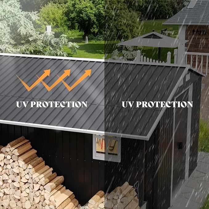 Jocisland Outdoor Storage Shed 10.6x10.3x6.3 FT, Sliding Door Shed with Two 4-Pane Windows for Wood Storage, Dark Grey/White