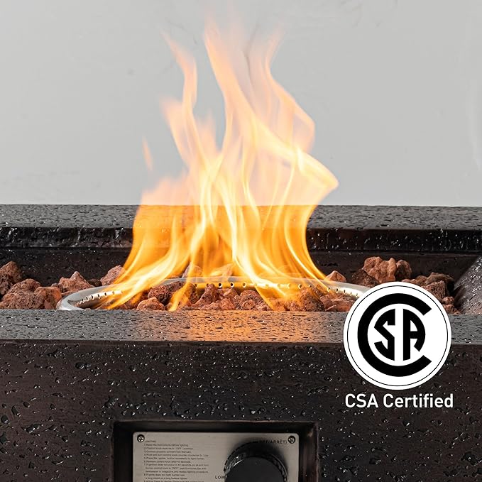 SUNBURY Outdoor Fire Pit, 35" Square Propane Gas Patio Fire Table 50,000 BTU Concrete Travertine Design, CSA Certified, Low Firepit Table with Lava Rocks, Waterproof Cover (Dark Brown)