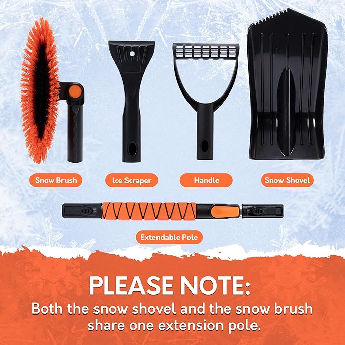 TONDA Snow Brush and Ice Scraper for Car Windshield, 180° Rotating Brush with Squeegee, Extendable Handle with Foam Grip, Snow Shovel for Cars, Trucks & SUVs, Orange