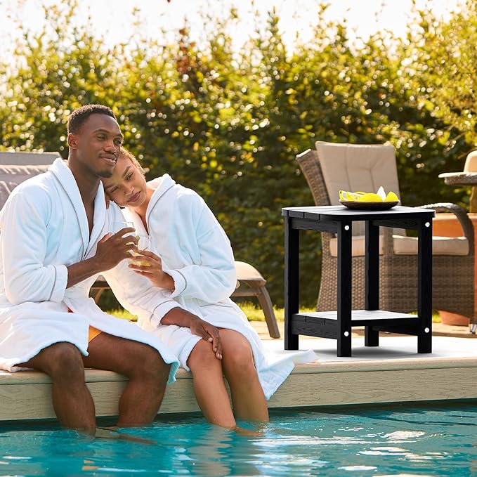 2-Tier Outdoor Side Table, 16" Adirondack Small Side Table All Weather Resistant, Patio End for Outside or Indoor, Patio, Yard, Pool, Porch, Garden, Black