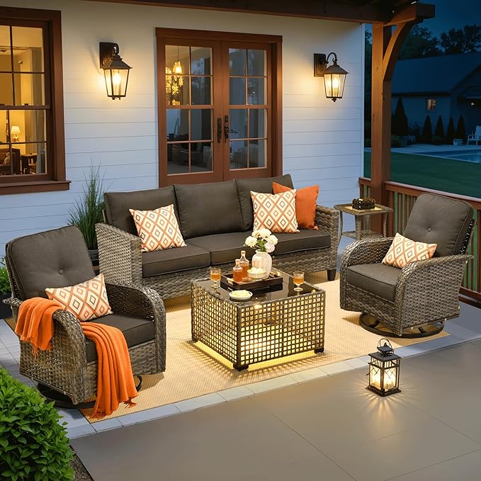 ovios 5 Pieces Patio Furniture Set, Outdoor Wicker Sofa Couch with Rocking Swivel Chairs Solar Lights Table, Modern Deep Seat Rattan Conversation Sets for Porch Deck, Black