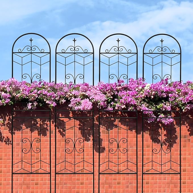 4 Pack Metal Garden Trellis for Climbing Plant Rose Stand, 86.7'' Tall Black Geometric Line Pattern Outdoor Flower Support Iron Garden Fence, Black