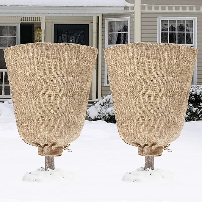 Riare 2 Packs 32 × 40 Inch Burlap Winter Plant Cover Bags with Drawstring- Reusable Large Burlap Sack Plant Frost Protector, Plant Frost Cloth Cold Tree Freeze Blanket for Outdoor Plants Shrubs Fruit