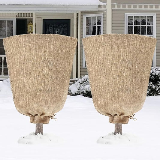 Riare 2 Packs 32 × 40 Inch Burlap Winter Plant Cover Bags with Drawstring- Reusable Large Burlap Sack Plant Frost Protector, Plant Frost Cloth Cold Tree Freeze Blanket for Outdoor Plants Shrubs Fruit