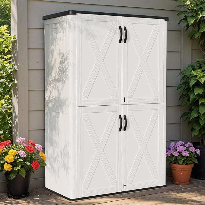 Greesum Outdoor Storage Cabinet, 50 Cu.Ft Deck Box Without Shelves, Waterproof Plastic Storage Bin for Patio Cushions, Gardening Tools, Lockable and Sidehandles, UV Resistant, White