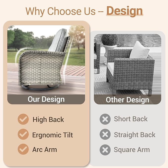 HOOOWOOO Outdoor Patio Bistro Set,3 Pieces Wicker Out Door Swivel Rocking Chair with Matching Side Table,Patio Furniture Sets,Light Gray