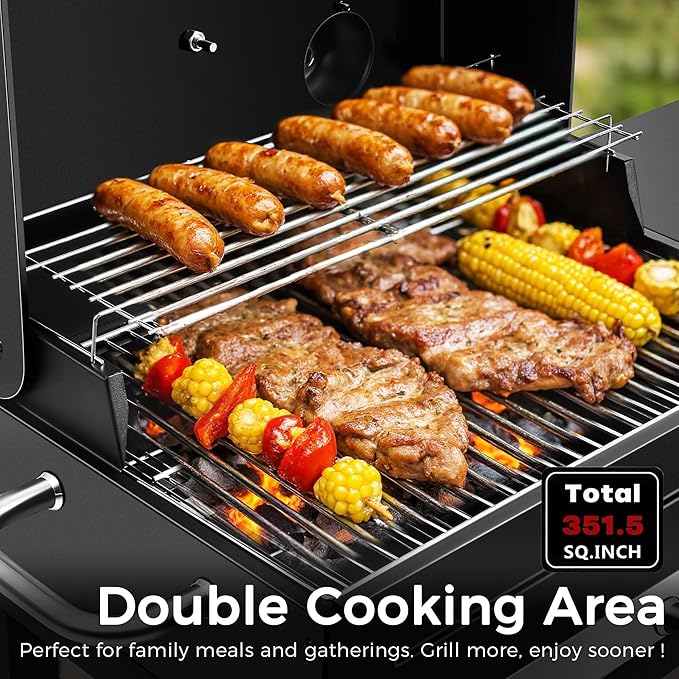 Charcoal Grill, Outdoor BBQ Grill with Side Table and Grease Tray, Double Layer Heavy-duty Steel Smoker Grill with Thermometer and Wheels for Outdoor Picnic, Patio, Backyard, Camping Cooking, Black