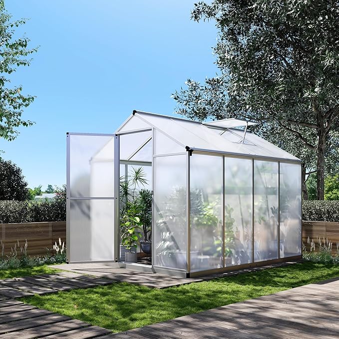 Greenhouse for Outdoors 8 x 6.25 Ft, Polycarbonate Greenhouse with Lock, Roof Windows Vent and Rain Gutter, Aluminum Large Walk-in Green Houses, for Patio Garden Backyard Outside, Silver