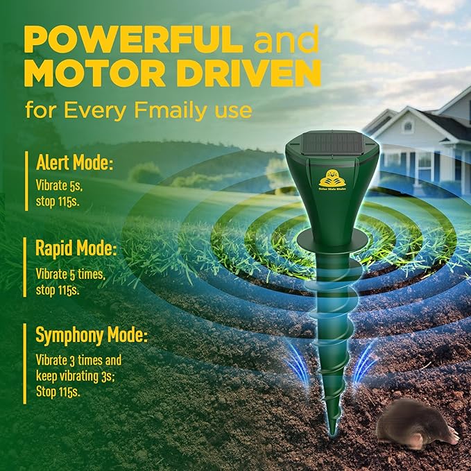 Mole Repellent Solar Powered 4 Pack, Snake Vole Repellent Outdoor, IP65 Waterproof Snake Deterrent Gopher, Waterproof Sonic Mole Spikes for Lawn and Garden, Get Rid of Moles, Groundhogs, and Rodents