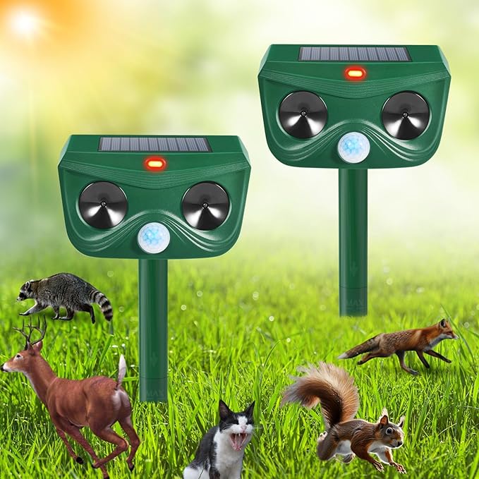 2 Pack Ultrasonic Animal Repellent Outdoor Cat Repellent Outdoor Deer Repllent Devices Animal Deer Deterrent Scare Squirrel, Raccoon, Skunk, Rabbit, Dog with Motion Detector for Yard Garden