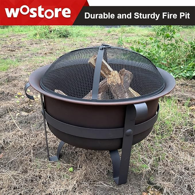 Wostore Wood Burning Fire Pits for Outside 23.5 Inch Portable Bronze Cauldron Camping Bonfire Patio Backyard Fireplace with Spark Screen and Poker