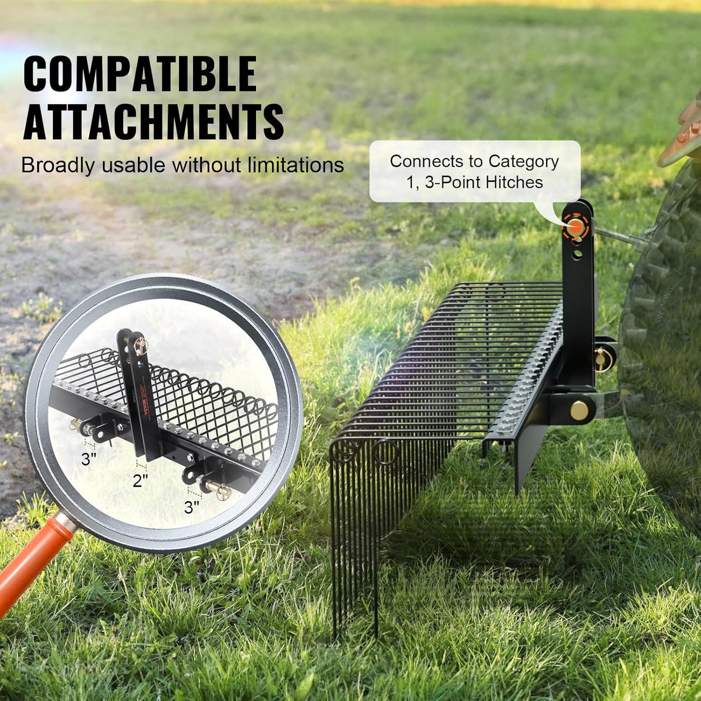 VEVOR Tow Behind Landscape Rake, 72" Tow Dethatcher with 32 Steel Tines, Lawn Dethatcher Rake Attaches to Category 1, 3 Point Hitch for Tractor, for Leaves, Pine Needles, Straw, and Grass