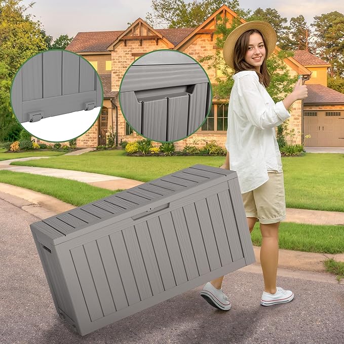 75 Gallon Outdoor Storage Box, Waterproof Resin Deck Box with Lockable Lid, Patio Furniture Side Table & Storage Bin for Package Delivery, Patio Cushions, Garden Tools, Pool Accessories, Grey