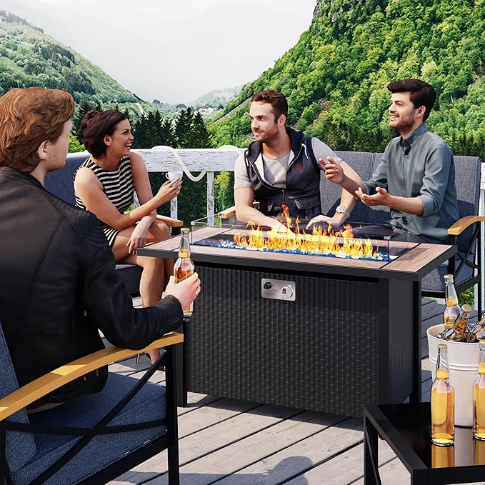 Meilocar 45in Fire Table, Propane Fire Pit with Glass Wind Guard and Rain Cover, Outdoor Firepit Table 50000 BTU 3-in-1 Fire Table for Patio/Yard/Balcony, Walnut Tabletop