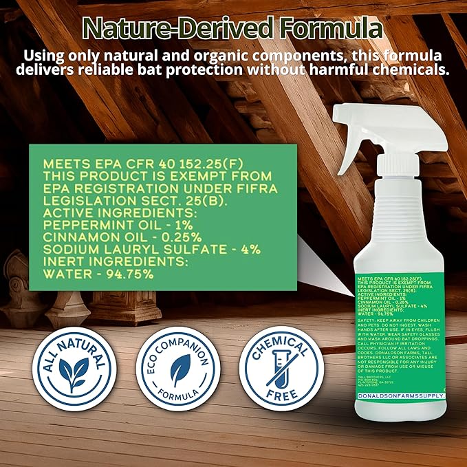 Bat Repellent Spray – Indoor and Outdoor Deterrent to Drive Bats Away from Nesting – Easy Application, Compatible with Any Outdoor Area – Suitable for Attic, Homes, and Barns – 16oz