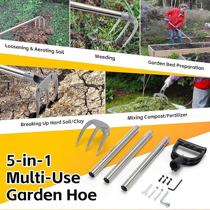 Potato Hand Rake Garden Tool - 47" Long Handle Cultivator Weeding Rakes, 3-Tine Heavy Duty Carbon Steel with D Grip for Grass Root Digging,Soil Loosening,Dirt Turning