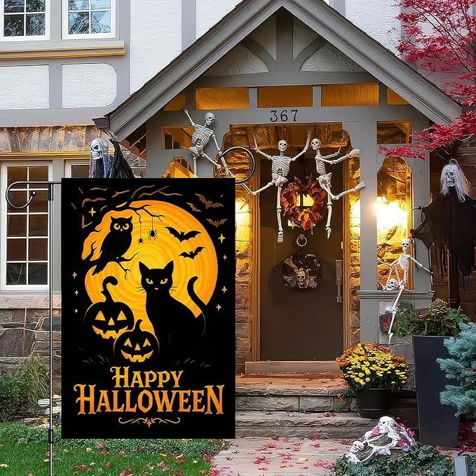 Halloween Garden Flag 12x18 Inch Black Cat Flag Pumpkin Owl Full Moon Double Sided Fall Flags Yard Banner for Outdoor Lawn Porch Garden Holiday Decor