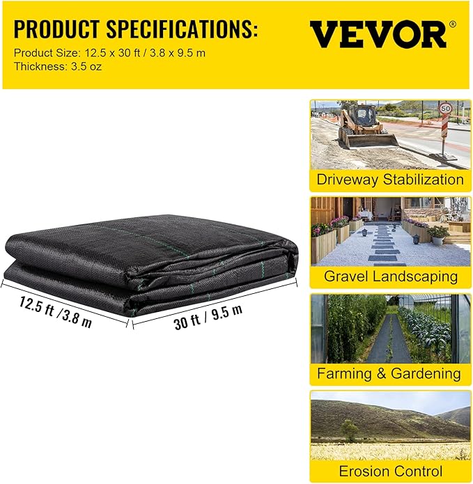 VEVOR Driveway Fabric, 12.5x30ft-3.5oz Woven Landscape Fabric, Weed Fabric Barrier Heavy Duty, Garden Fabric Weed Barrier, Weed Control Fabric, Geotextile Fabric, Weed Block Gardening Mat, Landscaping