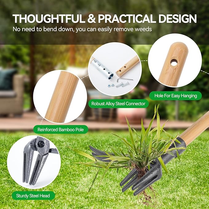 Weed Puller Stand-Up Weed Puller Tool with Long Handle & 4-Claw Steel Head Manual Weed Remover Tool for Lawn and Garden (Bamboo)