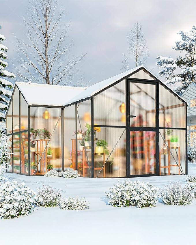 12×12FT Green Houses for Outside, Large Walk-in Greenhouses for Outdoors and Winter Garden Planting, Enhanced Aluminum Greenhouse Kit Withstands Strong Wind to Protect Vegetables or Plants