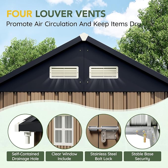 Breezz 6X8FT Outdoor Steel Storage Shed with Frame Floor,Clear Window, Lockable Doors, Weather-Resistant Metal Tool Shed for Garden, Backyard, Patio, and Utility Storage Brown