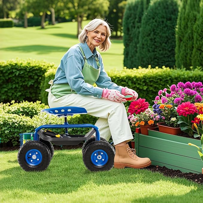 S AFSTAR Rolling Garden Cart, Wagon Scooter with 360° Swivel Seat, Storage Tray, Basket & Rubber Wheels, Heavy-Duty Gardening Tool Cart for Weeding, Patio & Yard (Blue)