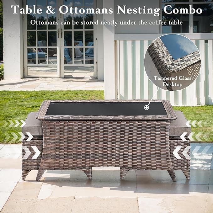 Luxury High Back Outdoor Furniture with 6-inch Extra Thick Cushions, Patio Furniture Set with Swivel Chairs, 7 PCS Wicker Conversation Set for Yard, Deck, Poolside, Brown/Grey