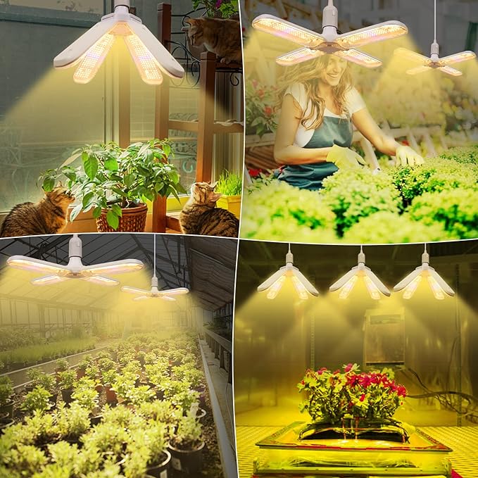 200W LED Grow Light Bulb - 552 LED Plant Light Bulb E26/E27 Sunlike Full Spectrum Plant Grow Lamp with IP54 Waterproof Foldable Four-Leaf Lamp Body for Hydroponics Garden Greenhouse Houseplants