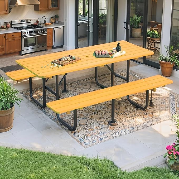 Outdoor Picnic Table with Benches, 6 - Person Picnic Table, Wooden Patio Dining Set, 1.97'' Umbrella Hole, Waterproof and Rounded Corners Design for Backyard, Garden, Park, Restaurant, Picnic, Yellow