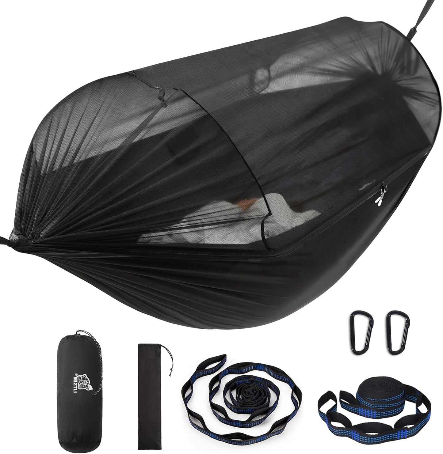 Miztli Camping Hammock -Portable Hammock w/Spacious Net & Tree Straps w/Adjustable Loops, Double and Single Hammock for Outdoor, Indoor, Hiking and Travel