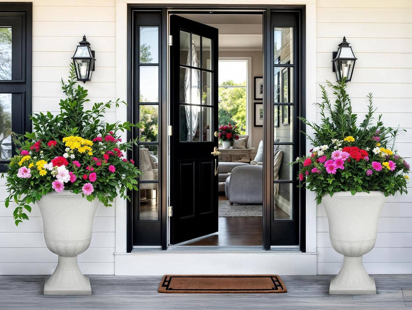 22" H Urn Tall Planters, 2-Pack Large Flower Pots for Indoor Outdoor Use, Elegant White Terrazzo Weather-Resistant Pot Containers for Garden Patio Yard Balcony Entryway or Home Décor, KD Base