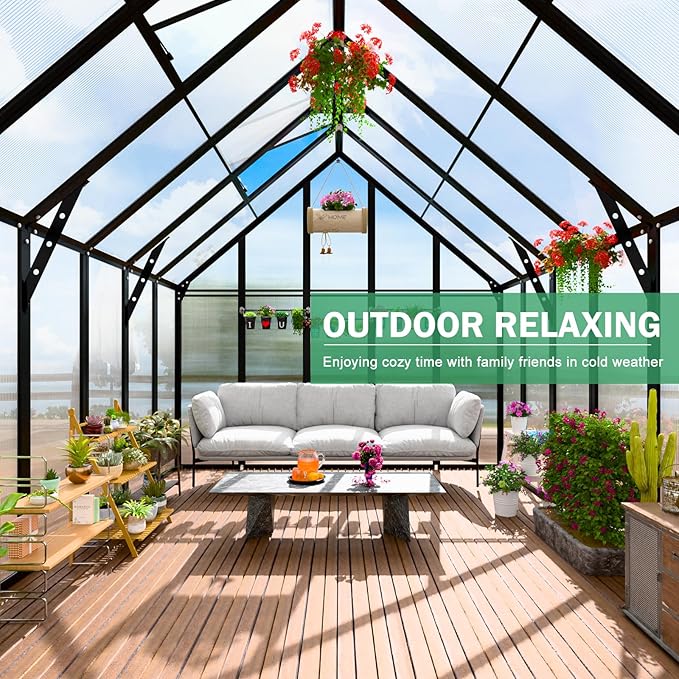 Outdoor Polycarbonate Greenhouse Kit,16x10x10 FT Large Outsides Aluminum Frame Heavy Duty Green House with Transparent Panels Windows Door for Backyard Garden,Walk in Plant Greenhouses,Black Frame