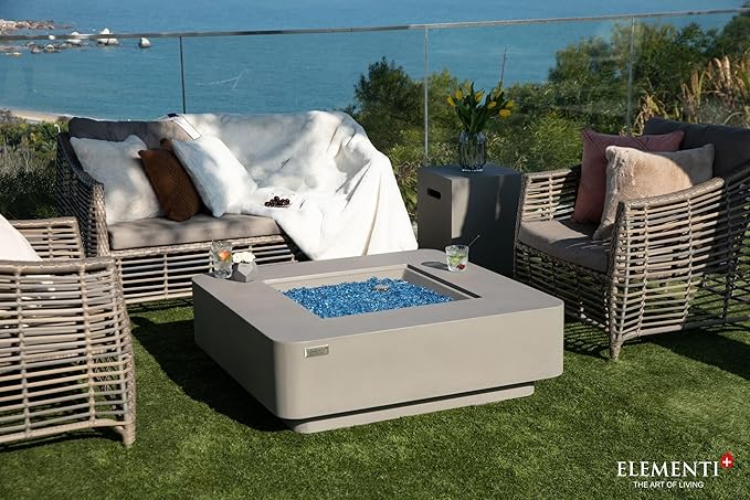 Elementi+ | Lucerne Gas Fire Pit Cast Concrete 42" Square Fire Table, Outdoor Fire Pit Electronic Ignition | Canvas Cover, Fire Glass and Burner Lid Included | Light Gray | Propane Gas