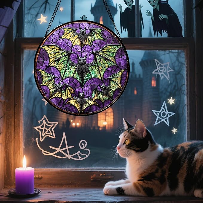 Stained Glass Window Hanging - Halloween Decorations Bats Suncatcher for Doors Garden Indoor Spooky Funny Purple Sun Catchers Gothic Decor Horror Gifts for Women Men Friend 7.8 in