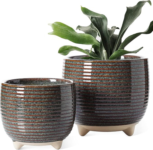 LE TAUCI Ceramic Plant Pots, 5.1 + 6.4 Inch Footed Pots for Plants, Modern Flower Pots for Home and Office, Indoor Planters with Drainage, Reactive Glaze Black
