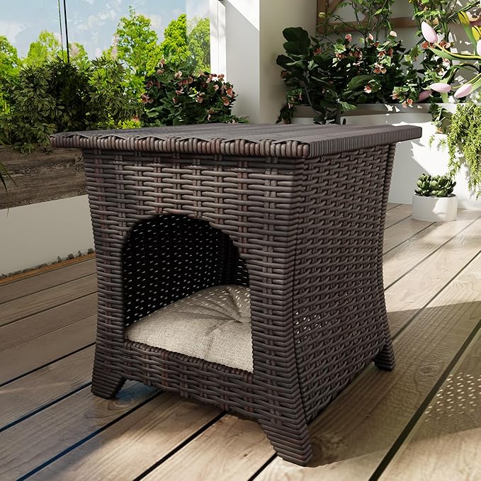 Vista Vibe Patio Wicker Side Table, All-Weather Rattan Furniture, 2 in 1 End Table & Pet Nest for Porch, Sunroom, Garden （Beige）