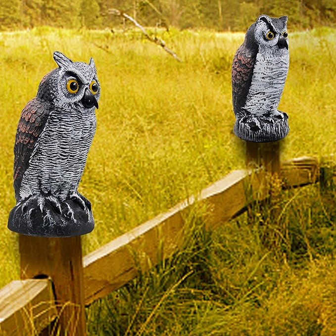 Hausse 2 Pack Fake Horned Owl Bird Scarecrow Decoy 10.5 Inch Height, Plastic Deterrents, Halloween Decoration, Nature Enemy Pest Repellent for Outdoor Garden Yard