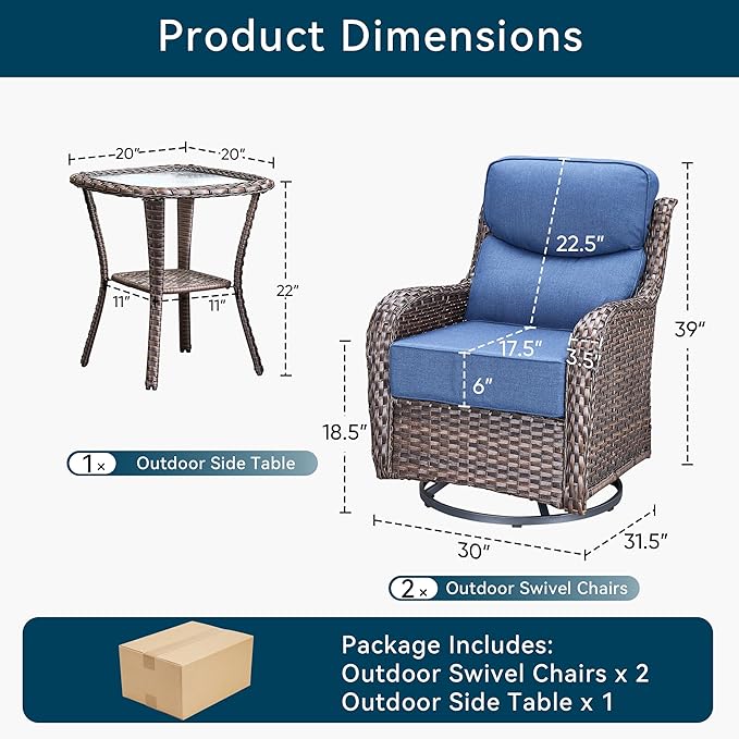 Luxury High Back Outdoor Swivel Rocker Patio Chairs with Side Table & 6-Inch Thick Cushions, 3 Pieces Patio Furniture Set for Porch, Balcony, Deck and Yard