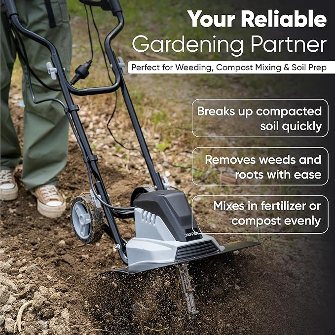 18 Electric Tiller Cultivator, 15Amp Corded Garden Rototiller with 6 Steel Tines, Adjustable Depth Wheels, Powerful Soil Cultivator for Gardening and Landscaping