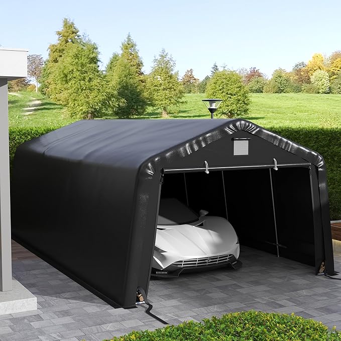Outsunny 12' x 20' Heavy Duty Carport, Portable Garage Canopy Tent with 2 Ventilation Windows and Large Door, for Car, Truck, Boat, Motorcycle, Bike, Garden Tools, Black