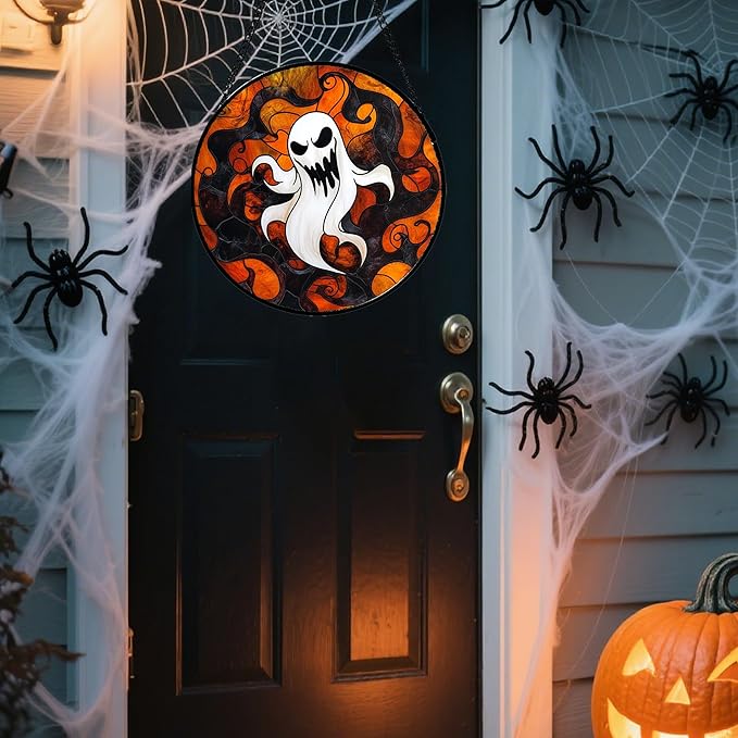 Stained Glass Window Hanging - Halloween White Ghost Suncatcher for Doors Window Garden Indoor Spooky Funny Orange Sun Catchers Gothic Decor Horror Gifts for Women Men Friend 9.8 in